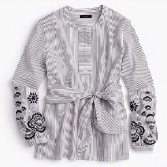 J. Crew Tops - J.Crew Embroidered Tie-Front Striped Tunic Top